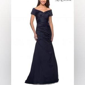 NWT La Femme 25996 Satin Off the Shoulder Dress with Beaded Sleeves Navy 12